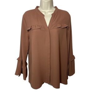 Doe & Rae Elegant Ruffled Tan Blouse sz M